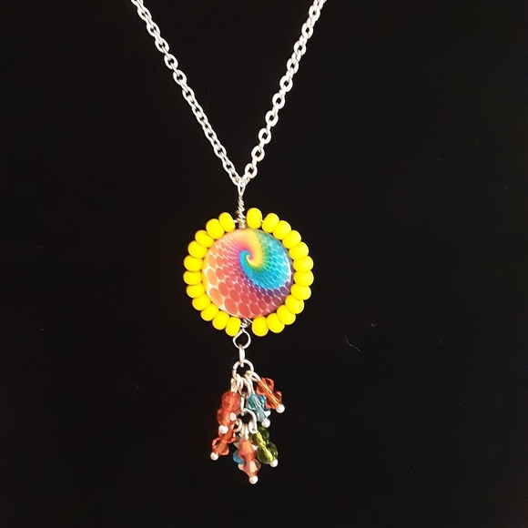 Hand Crafted Glass Bead Necklace Yellow Blue and - Picture 2 of 2